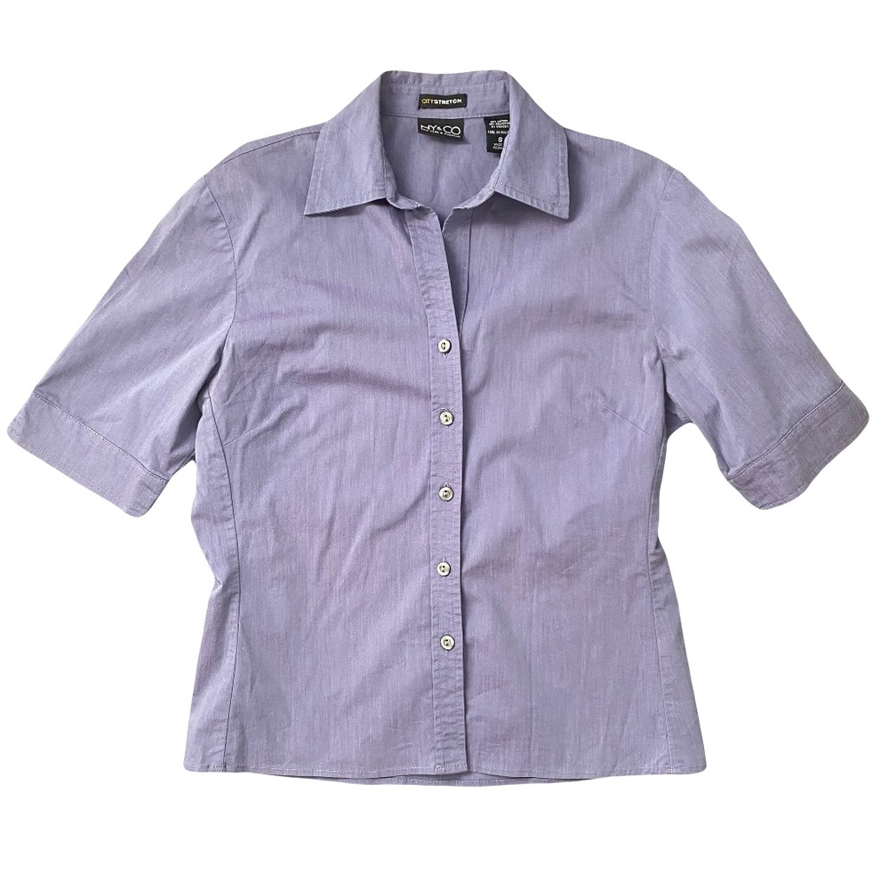 New York & Company City Stretch Short Sleeve Button Down Shirt S Purple